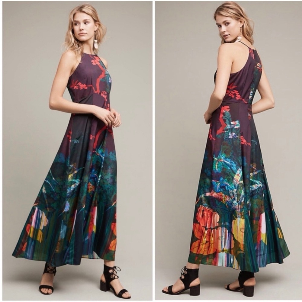 Moulinette Soeurs Anthropologie Floral Halter Maxi Dress Black Multi Color Sz 2